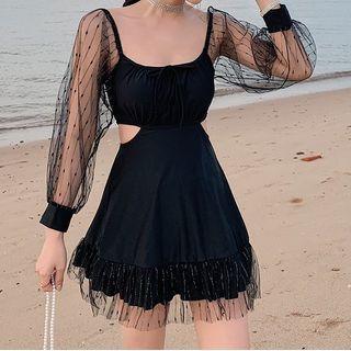 Long-sleeve Mesh Panel Cutout Swim Dress