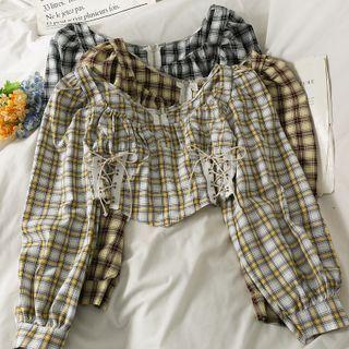 Off-shoulder Lace-up Plaid Crop Blouse