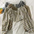 Off-shoulder Lace-up Plaid Crop Blouse