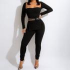 Set: Long-sleeve Square-neck T-shirt + Skinny Pants
