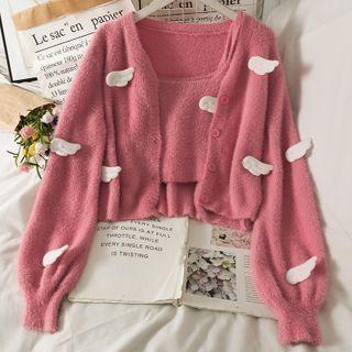 Set: Wing-accent Furry-knit Camisole Top + Light Cardigan