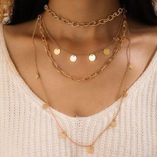 Alloy Disc Pendant Layered Choker Necklace 15257 - Gold - One Size
