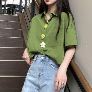 Short-sleeve Floral Button Shirt Green - One Size