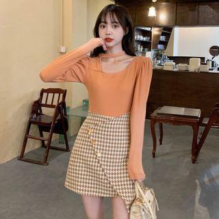 Long-sleeve Asymmetrical Top / Houndstooth Mini A-line Skirt