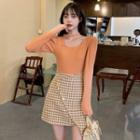 Long-sleeve Asymmetrical Top / Houndstooth Mini A-line Skirt