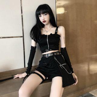 Buckle Detail Cropped Camisole Top / Shorts / Grommet Belt / Fingerless Gloves