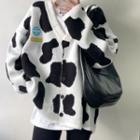 V-neck Cow Pattern Knit Jacket