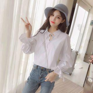 Gather-cuff Tie-neck Plain Blouse