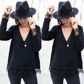Lace Trim Long-sleeve V-neck T-shirt