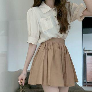 Set : Short-sleeve Shirt + High-waist Accordion Pleat Skirt