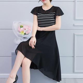 Short-sleeve Striped Paneled High-low Chiffon Dress