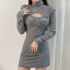 Long-sleeve Keyhole Turtleneck Knit Mini Dress