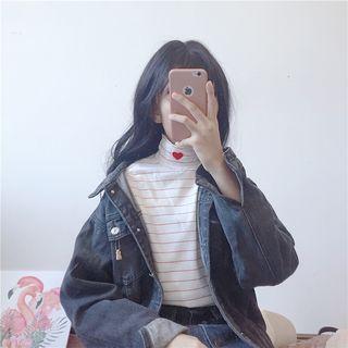 Long-sleeve Turtleneck Heart Embroidery T-shirt