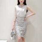 Set: Sleeveless Embellished-neckline Top + Pencil-cut Skirt
