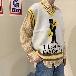 Gingham Shirt / V-neck Bear Print Knit Vest