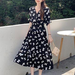 Elbow-sleeve Ribbon Print Midi A-line Dress