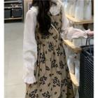 Long-sleeve Mock Two-piece Peter Pan Collar Floral Printed Dress Dress - One Size