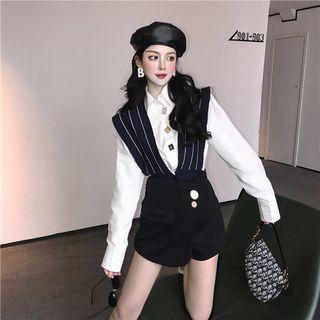 Long-sleeve Shirt / Striped Vest / High-waist Skort