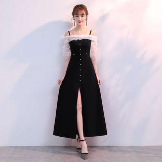 Cutout-shoulder Single-breasted Slit A-line Dress