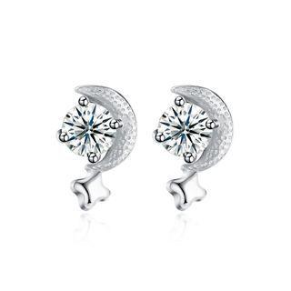925 Sterling Silver Simple Mini Elegant Exquisite Star And Moon Earrings And Ear Studs With Cubic Zircon Silver - One Size