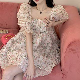 Puff-sleeve Square-neck Floral Print A-line Dress Floral - Pink & Light Almond - One Size