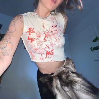 Printed Ruffled Asymmetric Cropped Tank Top