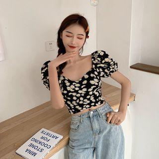 Square Collar Short-sleeved Floral Shirt Black - One Size