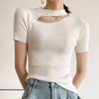 Asymmetrical Short-sleeve Cutout Ribbed Knit Top White - One Size