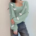 Set: Knit Camisole Top + Cardigan Green - One Size