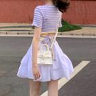 Open Back Short-sleeve Ribbed T-shirt / Belted A-line Skirt