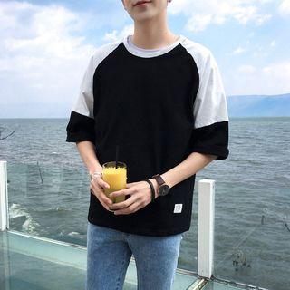 Elbow-sleeve Floral Print Crewneck Plain T-shirt
