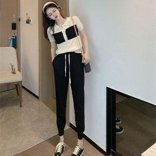 Set: Short-sleeve Paneled Knit Top + Pants Set Of 2 - Top & Pants - One Size