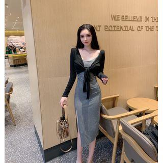 Set: Spaghetti-strap Midi Sheath Dress + Tie-front Cropped Jacket