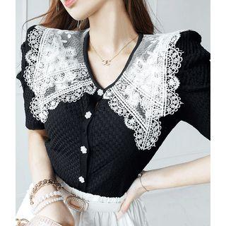 Lace-collar Waffle-knit Cardigan