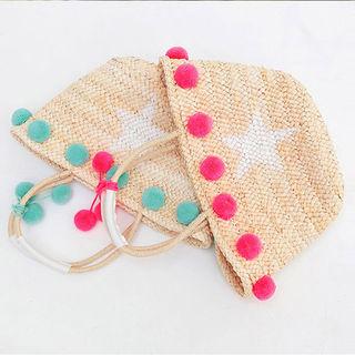 Pompom Woven-raffia Tote