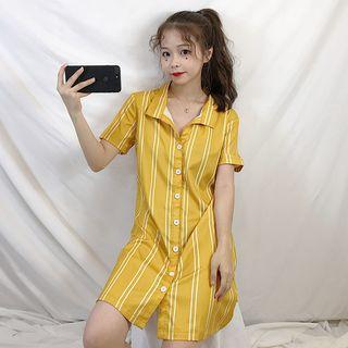 Short-sleeve Striped Mini Shirtdress Yellow - One Size