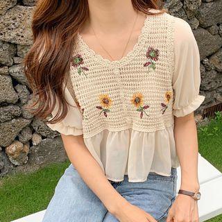 Puff-sleeve Paneled Floral Embroidered Blouse