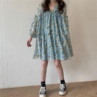 Puff-sleeve Floral Print A-line Dress Dress - Green - One Size