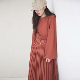 Set: Ruffle Trim Blouse + Pleated Midi Skirt