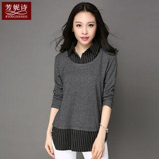 Mock Two Piece Striped Panel Long Sleeve Collared Top
