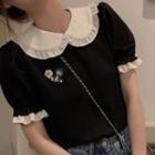 Ruffle Trim Contrast Collar Embroidered Blouse Black - One Size