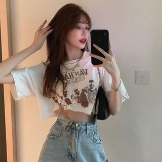 Crewneck Printed Letter Oversize Cropped Top