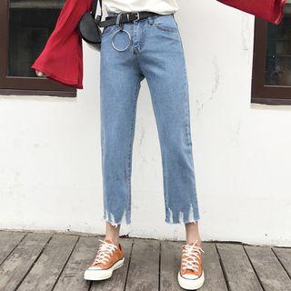Ripped Straight Cut Cropped Jeans