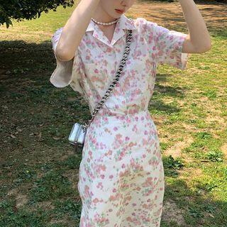 Short-sleeve Floral Shirt / Midi Pencil Skirt