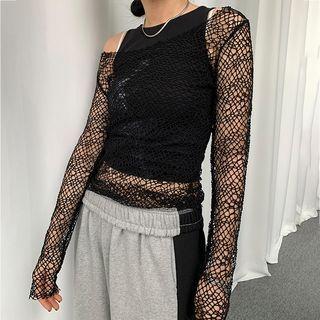 Long-sleeve Off-shoulder Fishnet Top