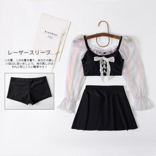Set: Bell-sleeve Lace-up Swim Top + Swim Skirt + Shorts