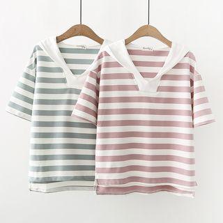 Stripe Short-sleeve Hooded T-shirt