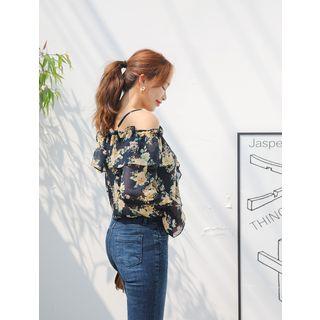 Cold-shoulder Ruffled Floral Chiffon Top