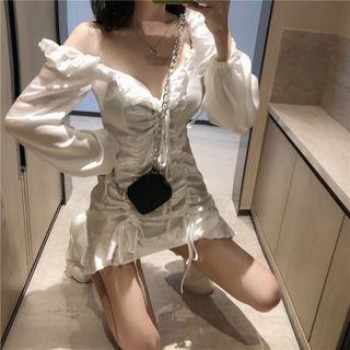 Long-sleeve Off-shoulder Frill Trim Drawstring Mini A-line Dress