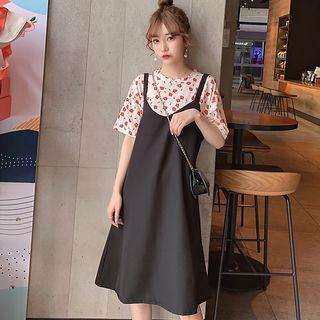 Set: Flower Print Elbow-sleeve T-shirt + Plain Pinafore Dress Set - As Shown In Figure - One Size
